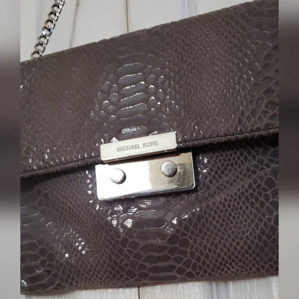 Michael Kors Sloan Angora Snake Emboss Leather Clutch Chain Strap Shoulder Bag